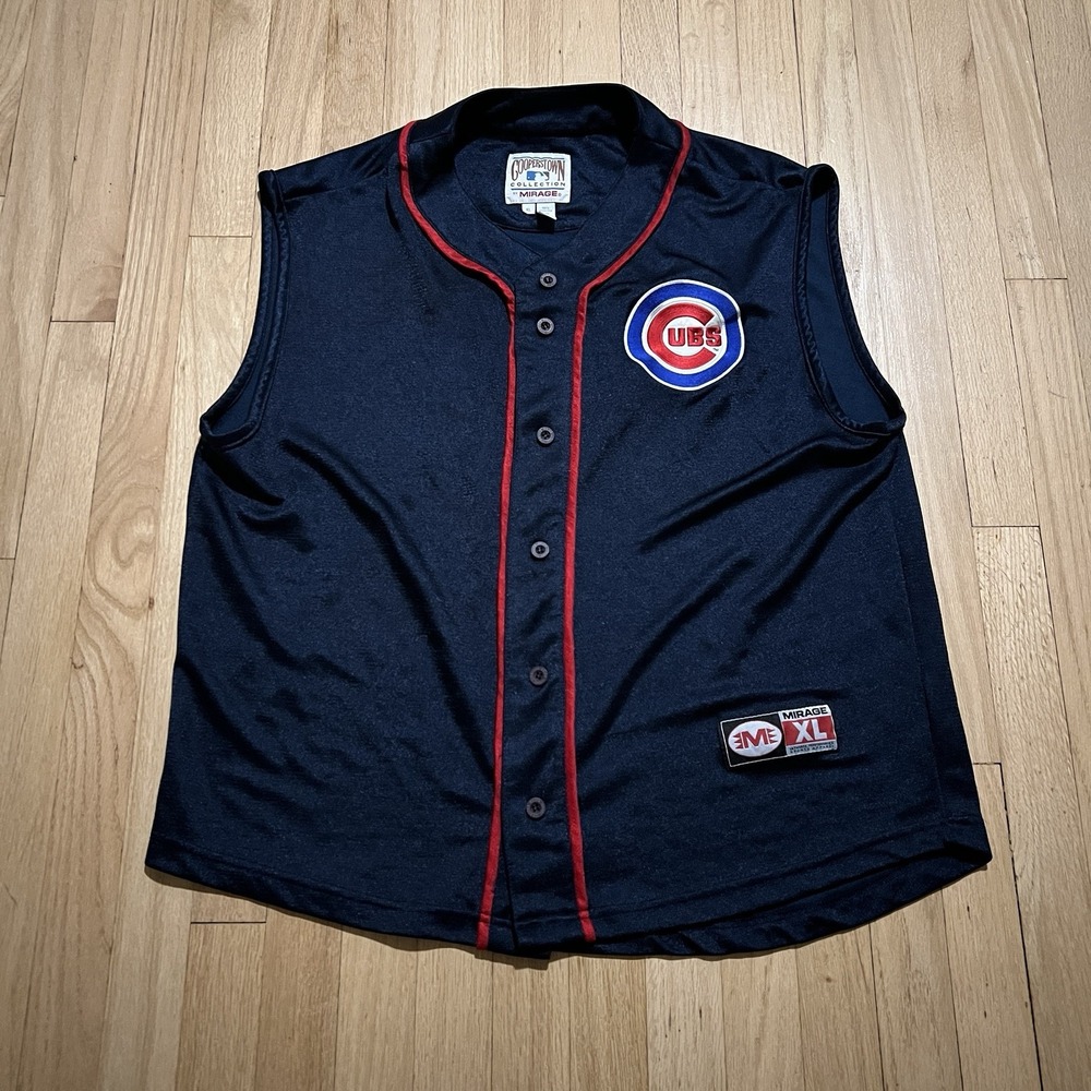 Vintage Chicago Cubs Mirage Jersey Mens XL Navy 90s Cooperstown Collection Shiny